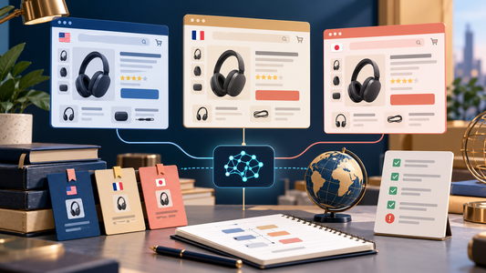 Editorial workspace comparing the same ecommerce listing across several languages