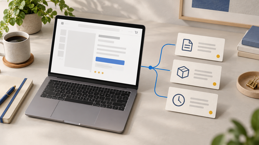 Editorial workspace connecting a generic product page to three source record cards
