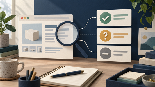 Editorial desk showing confirmed, unclear and not-stated evidence cards beside a generic product page