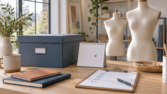 Archive box calendar and retail mannequins in an organized studio