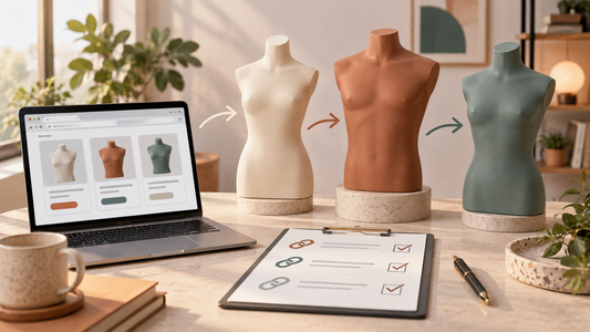 Neutral mannequin forms beside a laptop and link audit worksheet