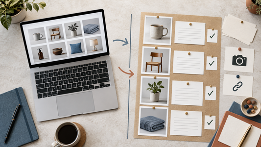 Editorial desk separating ecommerce product photos from written evidence cards
