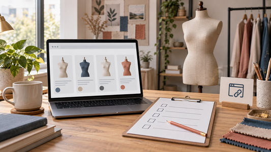 Torso listing cards laptop and blank question checklist in a design studio
